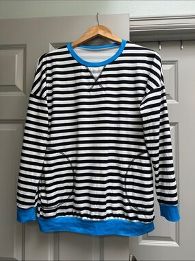 Amazon Black and White Striped Sweatshirt with Blue Trim